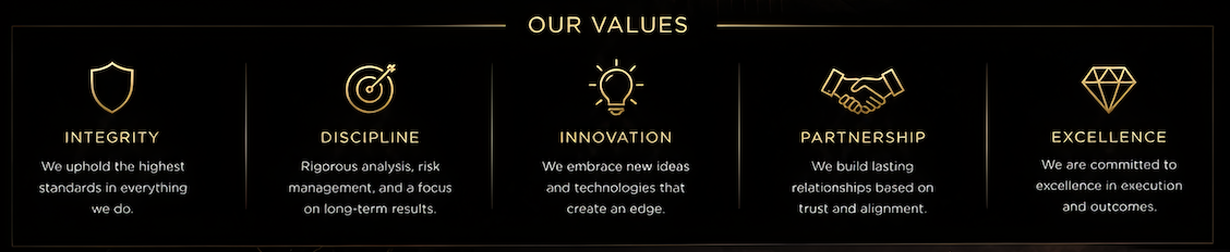Infographic titled "Our Values" with five icons and descriptions: Integrity with a shield icon, Discipline with a target icon, Innovation with a lightbulb icon, Partnership with a handshake icon, and Excellence with a diamond icon.