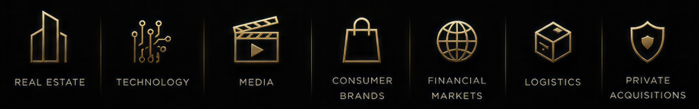 Icons representing different sectors: real estate, technology, media, consumer brands, financial markets, logistics, private acquisitions.