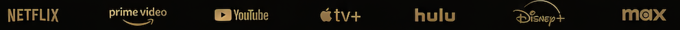 Icons of streaming service logos on a black background, including Netflix, Prime Video, YouTube, Apple TV+, Hulu, Disney+, and Max.