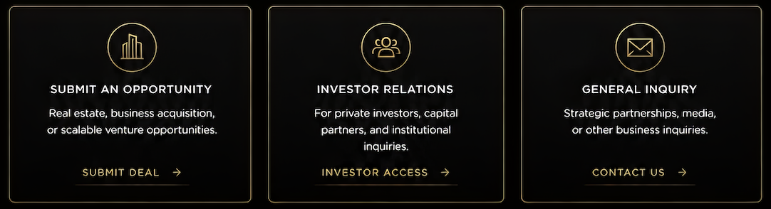 Three black sections with gold icons and text for submitting opportunities, investor relations, and general inquiries, each with a directional arrow.