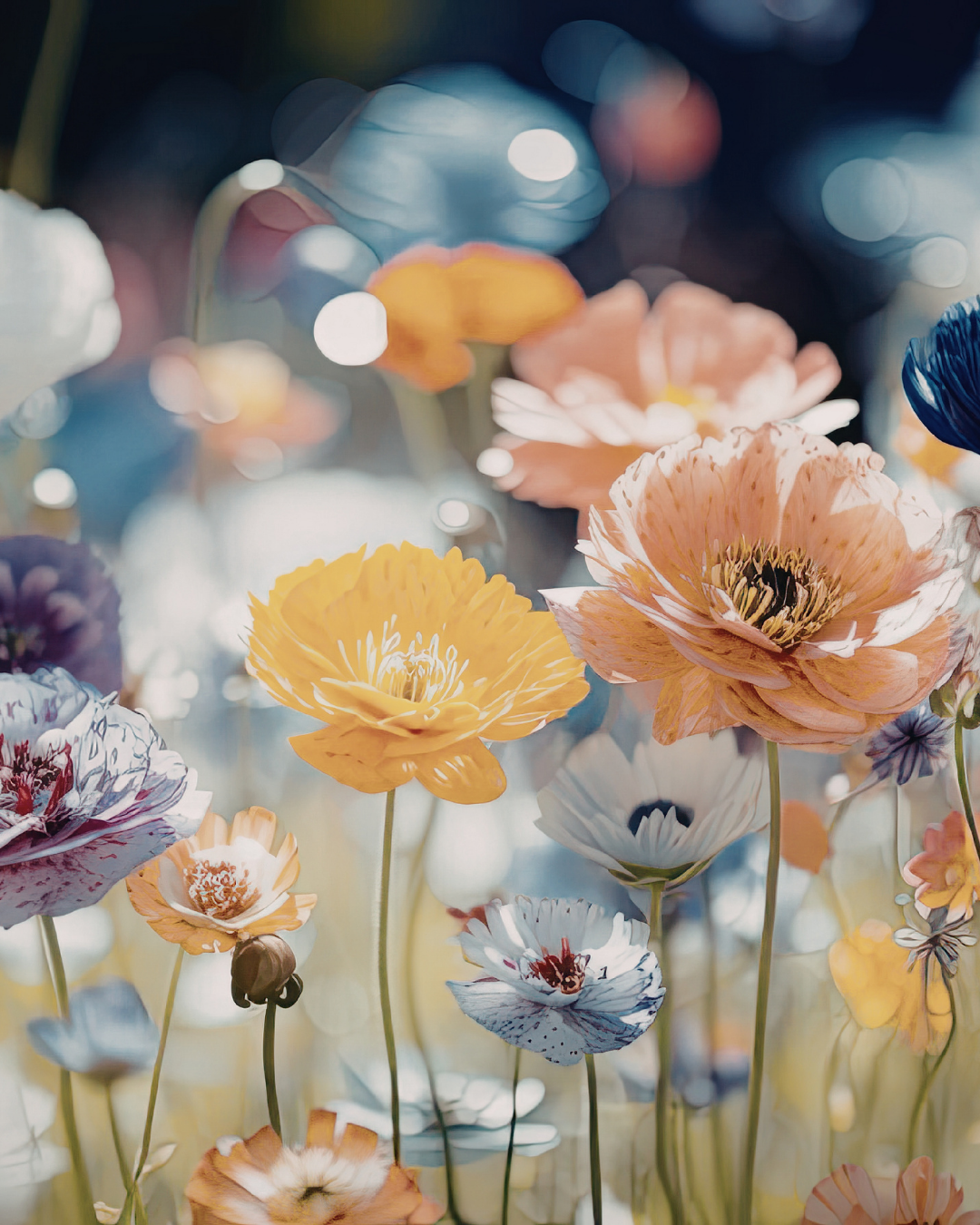 Close-up of colorful flowers in soft focus, including poppies, on a sunny day.