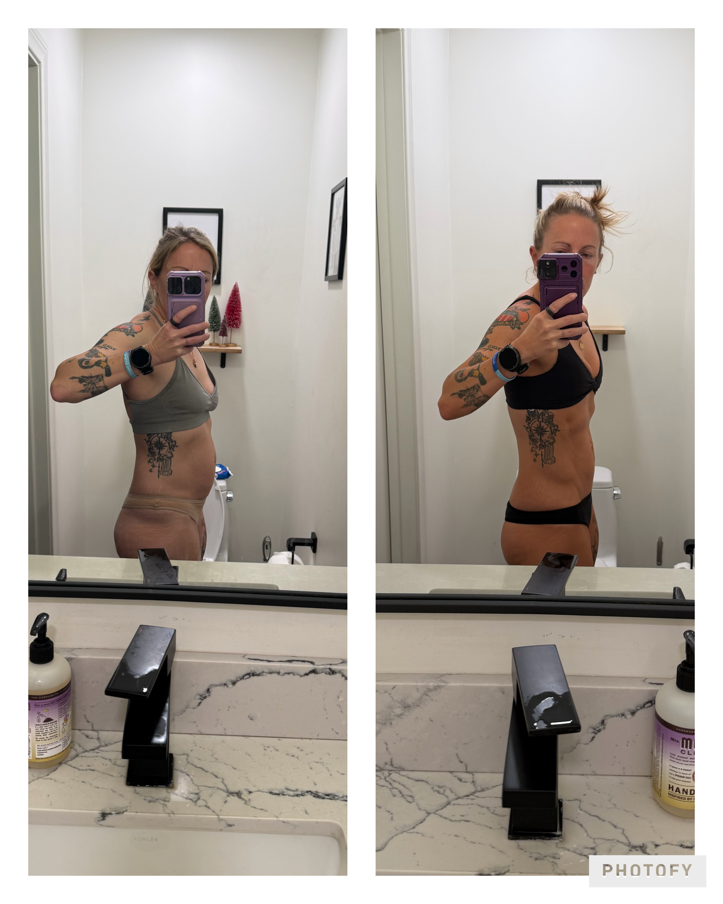 The image features two mirror selfies of a woman with tattoos, taking pictures with a purple phone in a bathroom. She is wearing a sports bra in both photos and has a smartwatch. The bathroom has white walls, framed pictures, red and green decorative trees, a marble countertop, a large bottle of hand soap, and a black lighted phone holder with a phone on it.