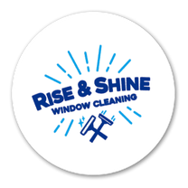 Logo for Rise & Shine Window Cleaning featuring blue text, sunburst design, and a squeegee icon.