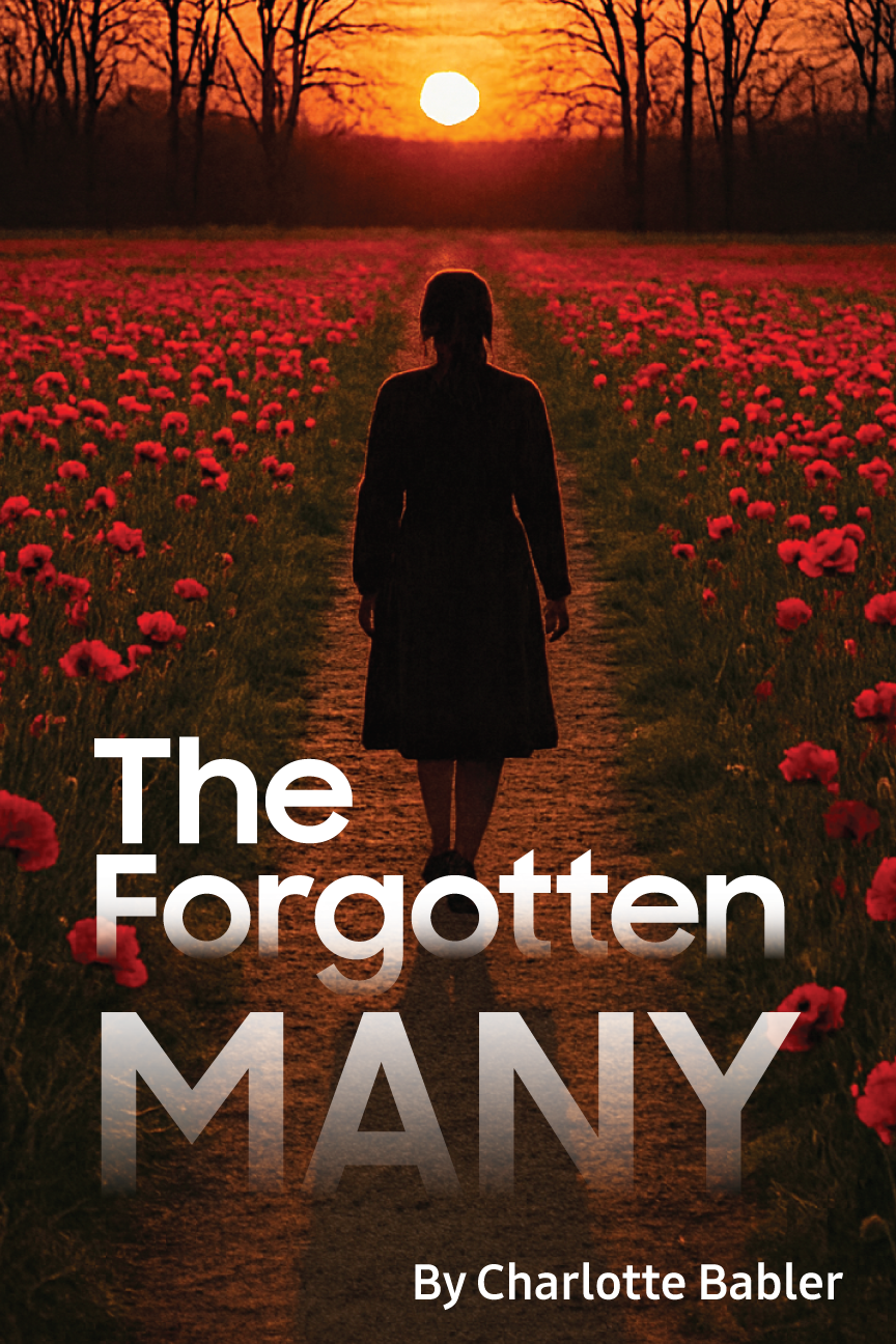 A woman walking down a dirt path through a field of pink flowers at sunset, with bare trees in the background and the sun near the horizon. The book title 'The Forgotten Many' and author 'Charlotte Babler' are shown on the cover.