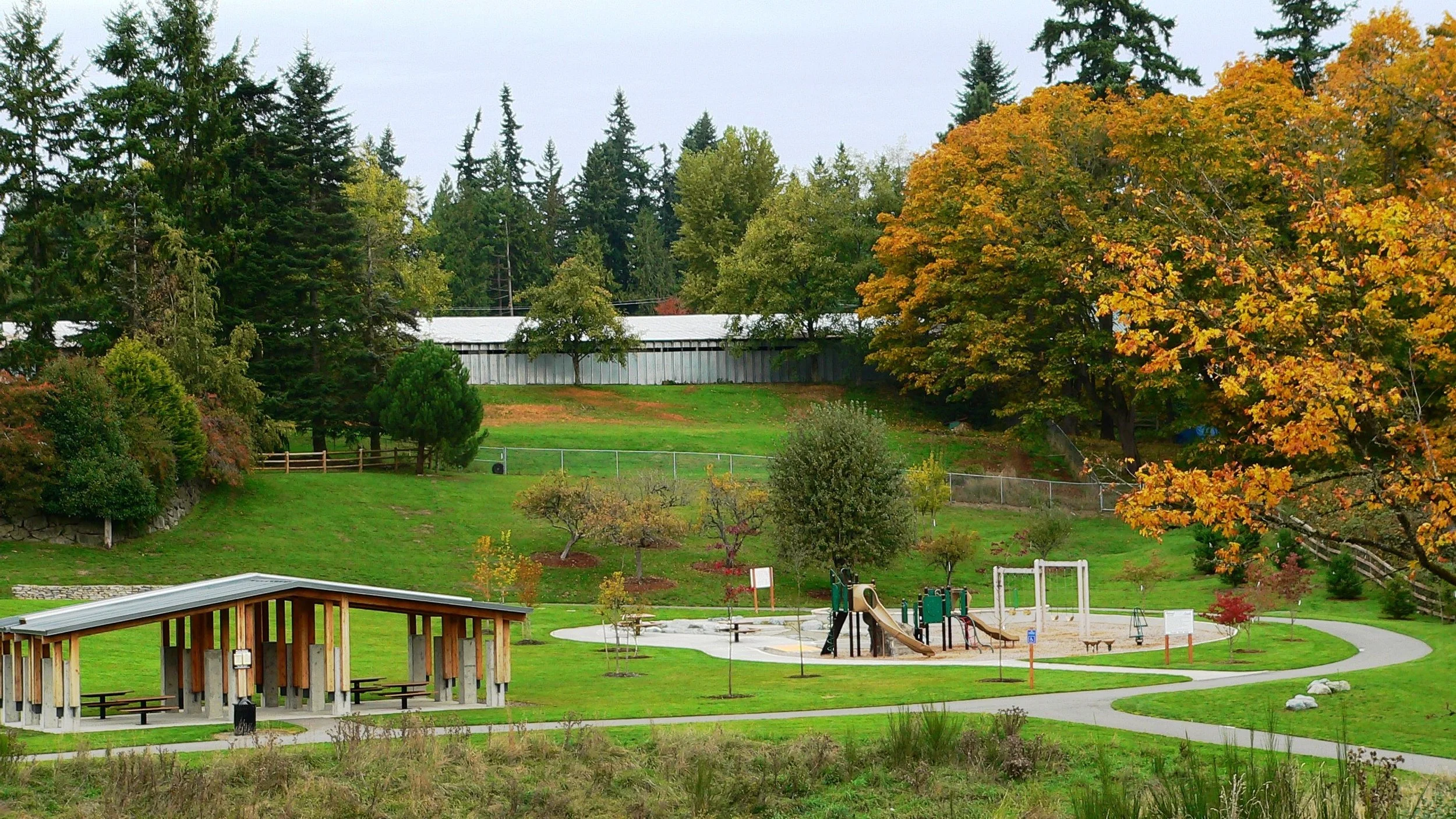 Sammamish town center with library, city hall, park, and community center