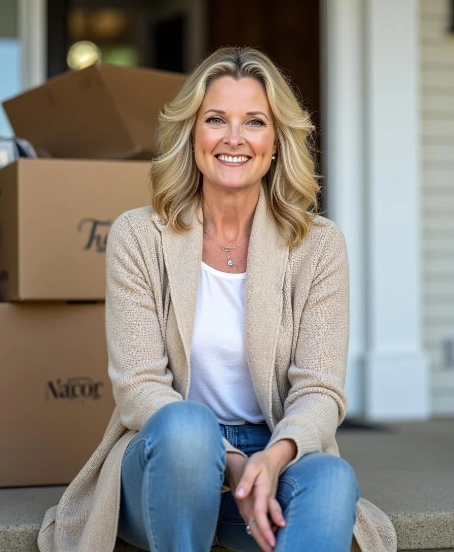 Sammamish agent Maggie Vreeburg with moving boxes celebrating a successful sale
