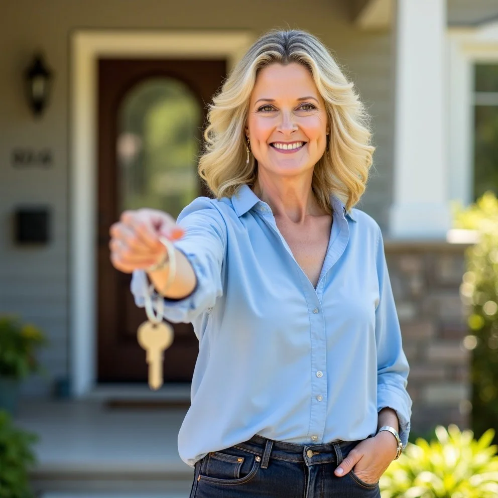 Maggie Vreeburg, Sammamish real estate agent and Realtor, holding keys in front of a home for sale
