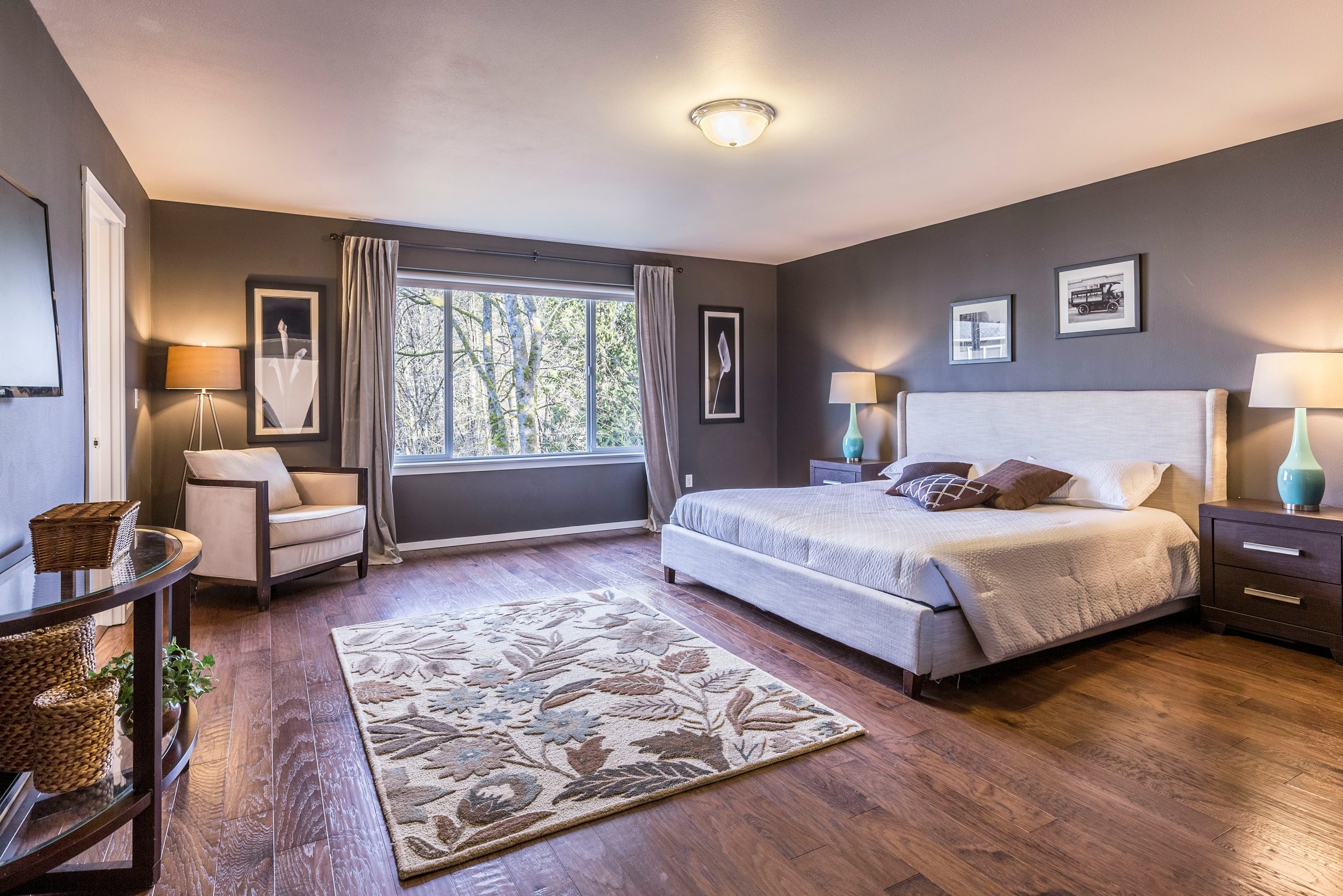 Professionally staged primary bedroom in Sammamish Washington home for sale