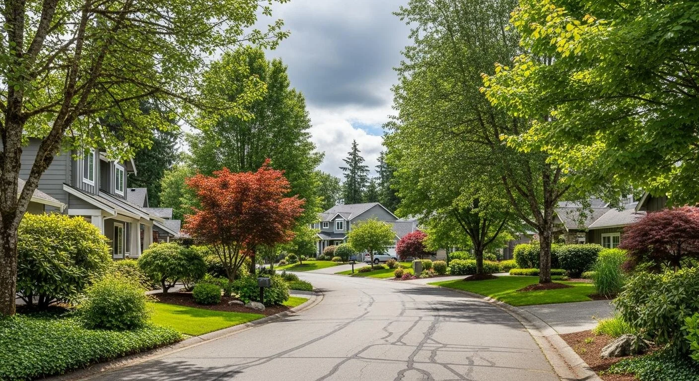 Tree-lined residential street in Timberline neighborhood Sammamish Washington