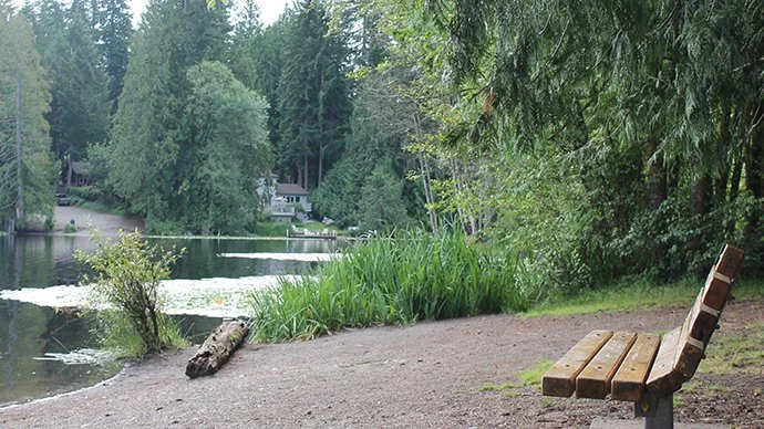 Beaver Lake Park fishing dock and wooded waterfront in Sammamish Washington