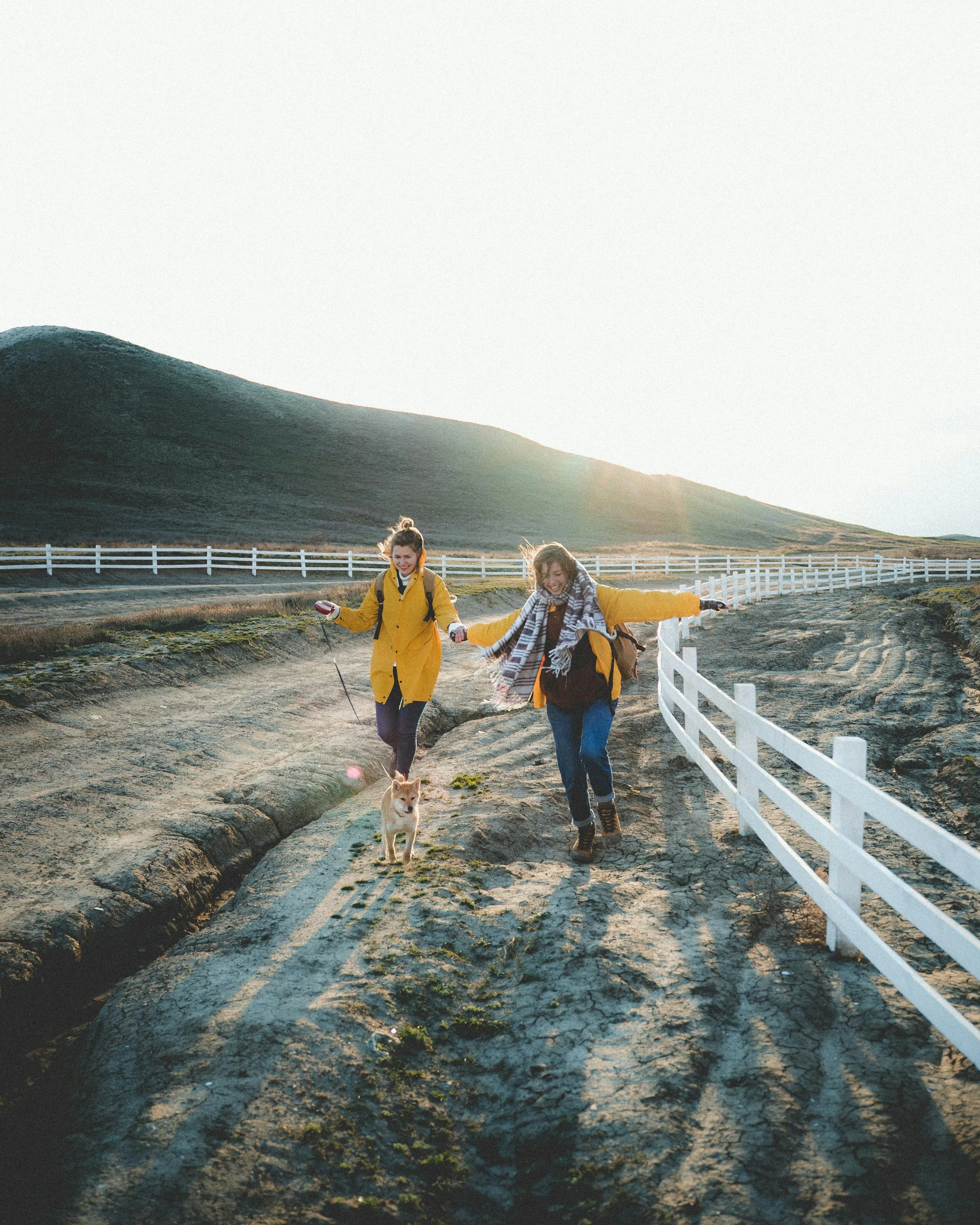 Two women wearing yellow jackets and scarves, holding hands and smiling as they walk a dog along a dirt trail in a rural landscape with rolling hills and a white fence, during sunset.