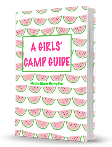 Cover of a girls' camp guidebook with watermelon slice pattern and pink, green, and white colors, titled 'A Girl's Camp Guide'