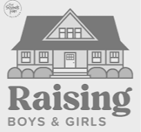 Illustration of a large house with trees in front, and the text 'Raising Boys & Girls' underneath.
