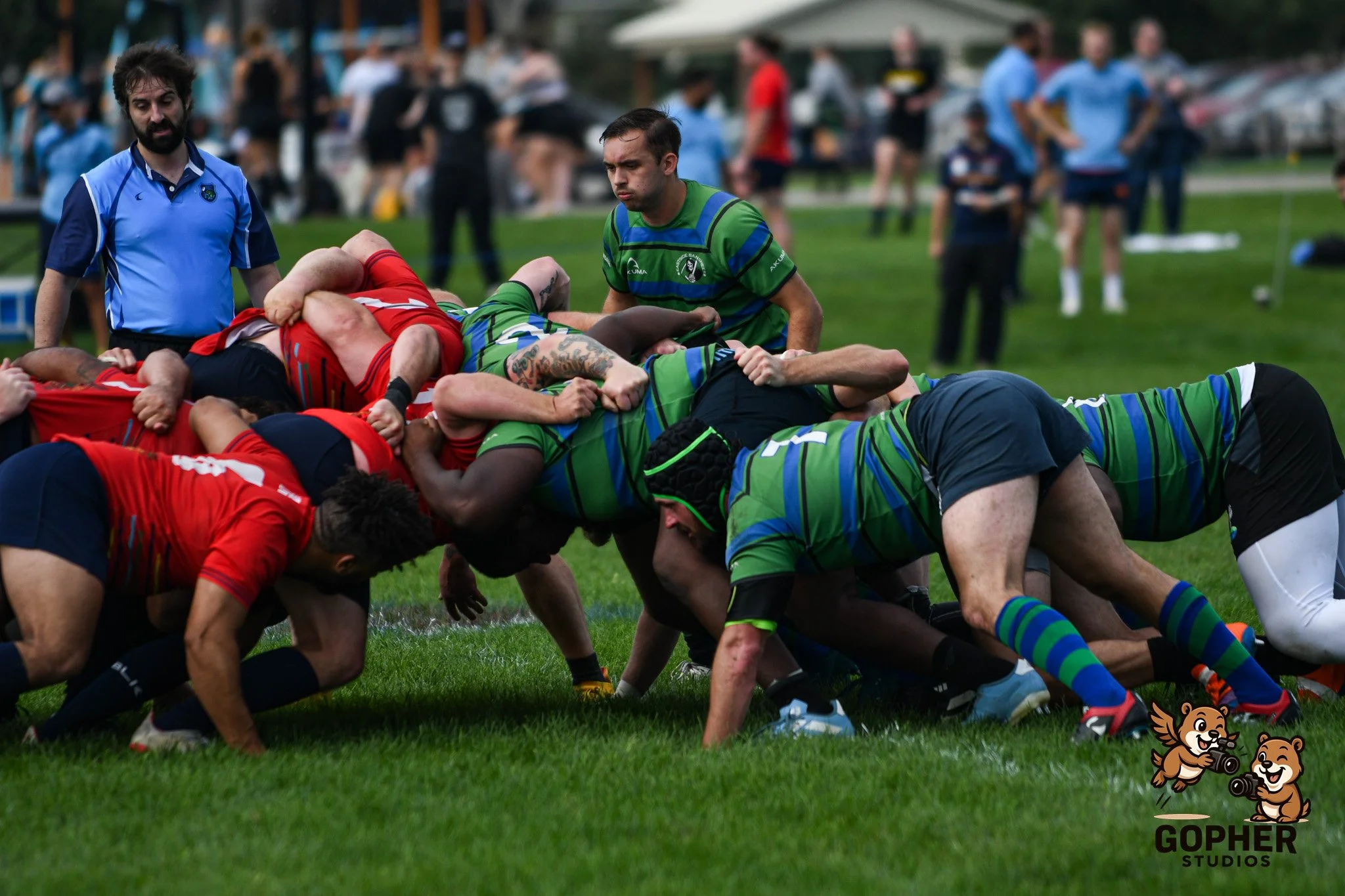 Rugby players engage in a scrum on the field, with a referee observing nearby, during a game surrounded by spectators.