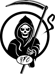 A skeleton figure dressed as the Grim Reaper holding a scythe, with a black hooded cloak and a circular emblem with the initials 'RFC'.