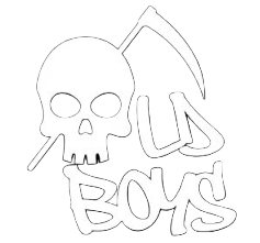 Skull with a pickaxe and the words 'Old Boys' in white on a black background.