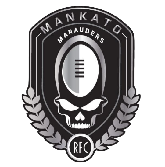 A black and white emblem featuring a skull with a football design on its forehead, surrounded by a laurel wreath, with the words 'MANKATO MARAUDERS' at the top and 'RFC' at the bottom.