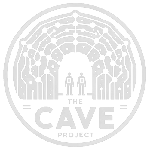 Logo for The Cave Project featuring two human figures standing inside a cave with constellations or star patterns above them, in black and white.