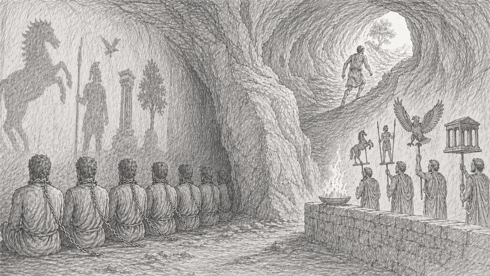 A detailed drawing of prisoners with chains on their necks kneeling in a cave, watching a puppet show with figures, animals, and mythological characters projected on the cave wall, inspired by Plato's Allegory of the Cave.