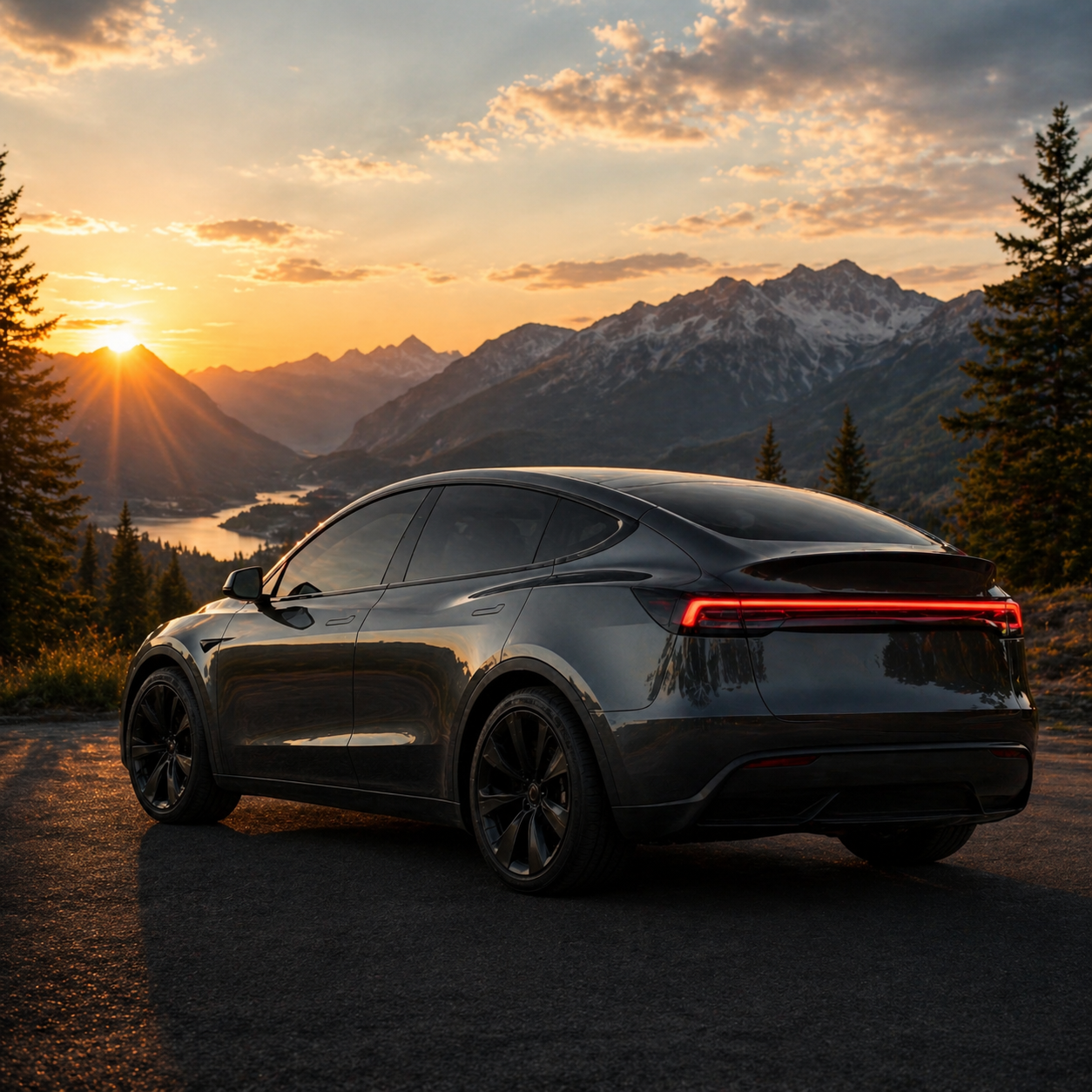 A sleek black electric car parked on a mountain road during sunset with mountains, trees, and a lake in the background.