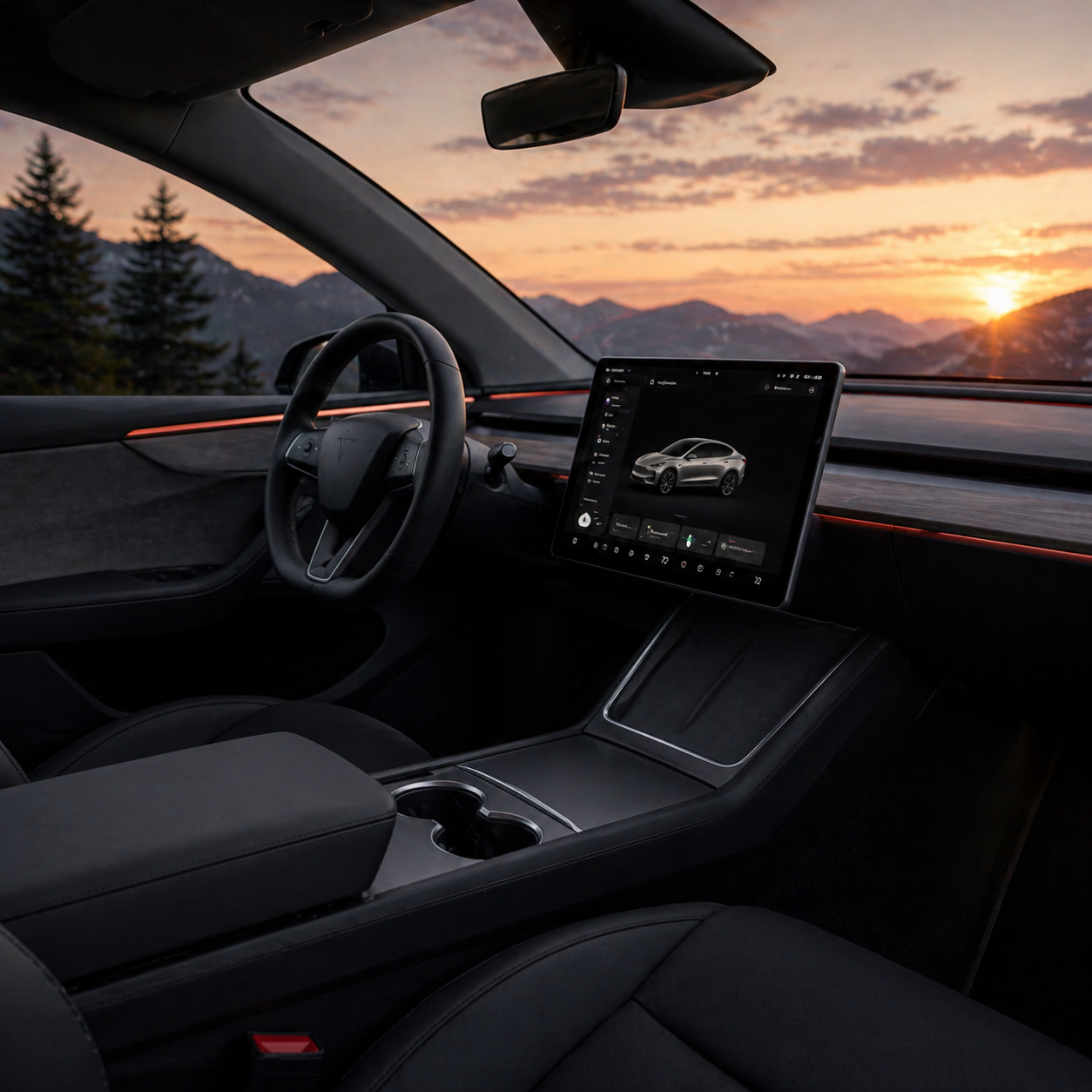 Interior of a modern electric vehicle with a digital dashboard and a large touchscreen displaying a car model, set against a sunset backdrop with mountains and trees outside the windshield.