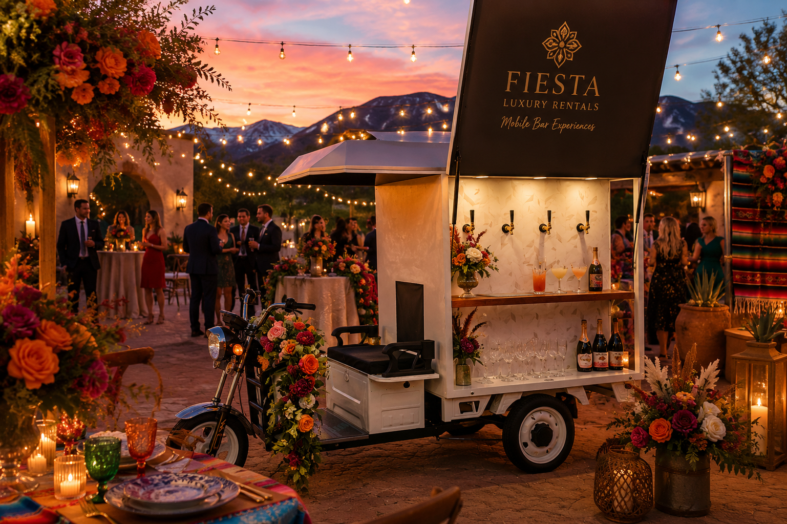 People celebrating with cocktails, raising glasses in a toast at a social gathering with fiesta luxury rentals drink cart