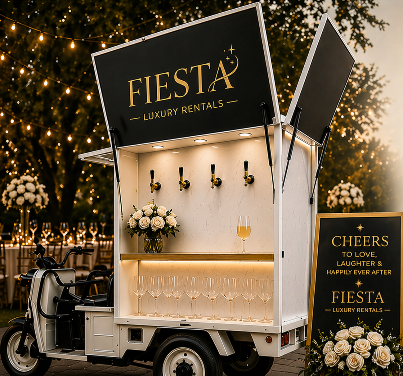 A luxury mobile bar cart with the sign 'Fiesta Luxury Rentals' on top, decorated with white roses, glasses, and a champagne glass, at an outdoor event with fairy lights and floral arrangements in the background.
