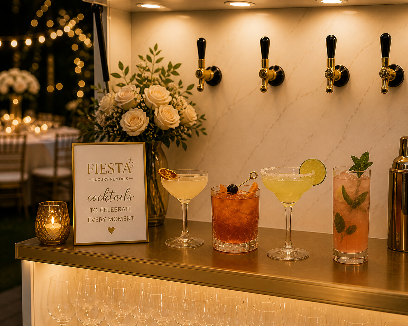 A bar setup with four cocktails on a wooden counter, a floral arrangement with white roses, a lit candle, and a sign that reads 'FIESTA Luxury Rentals cocktails to celebrate every moment.' In the background, there are blurred fairy lights and a dining area.