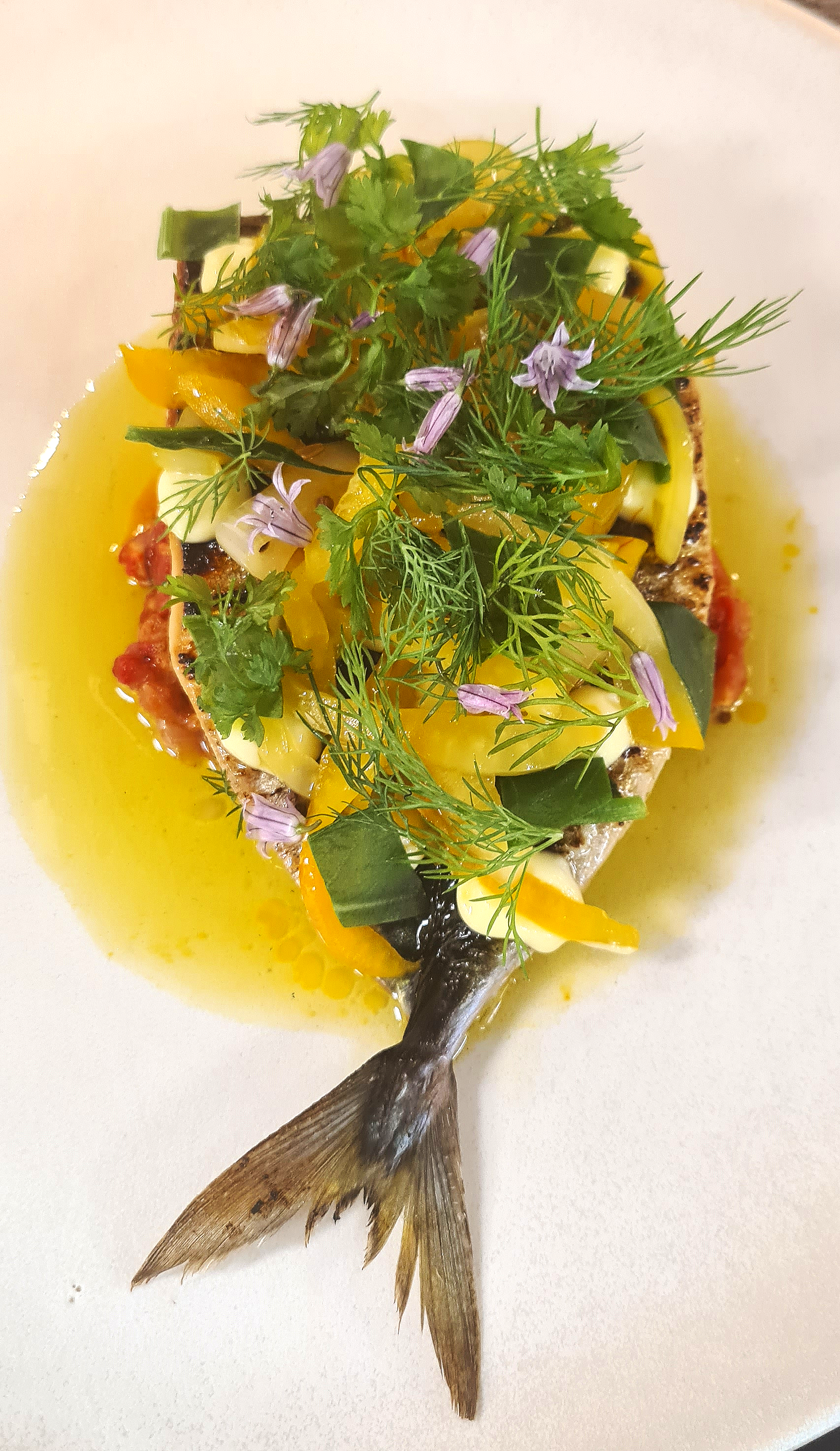 A whole mackerel garnished with fresh herbs and sliced vegetables, served on a white plate with lemon sauce.