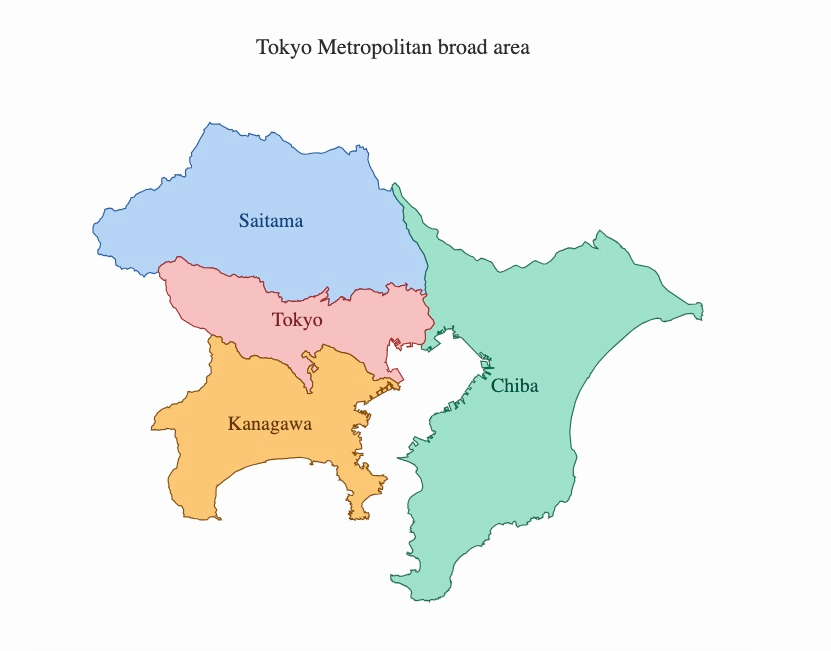 Map of the Tokyo metropolitan area with regions colored in blue for Saitama, pink for Tokyo, yellow for Kanagawa, and green for Chiba.