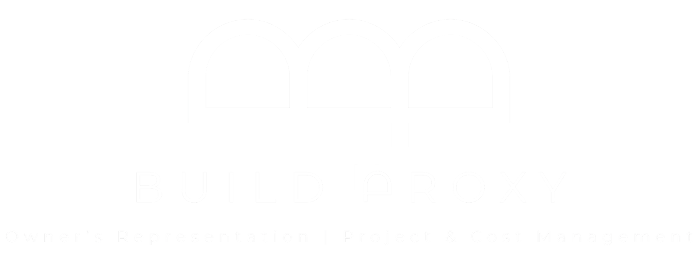 Black background with a white logo resembling a house roof and three arches underneath. Beneath it, the text reads 'BUILD ROXY' and smaller text below says 'Owner's Representation | Project & Cost Management.'