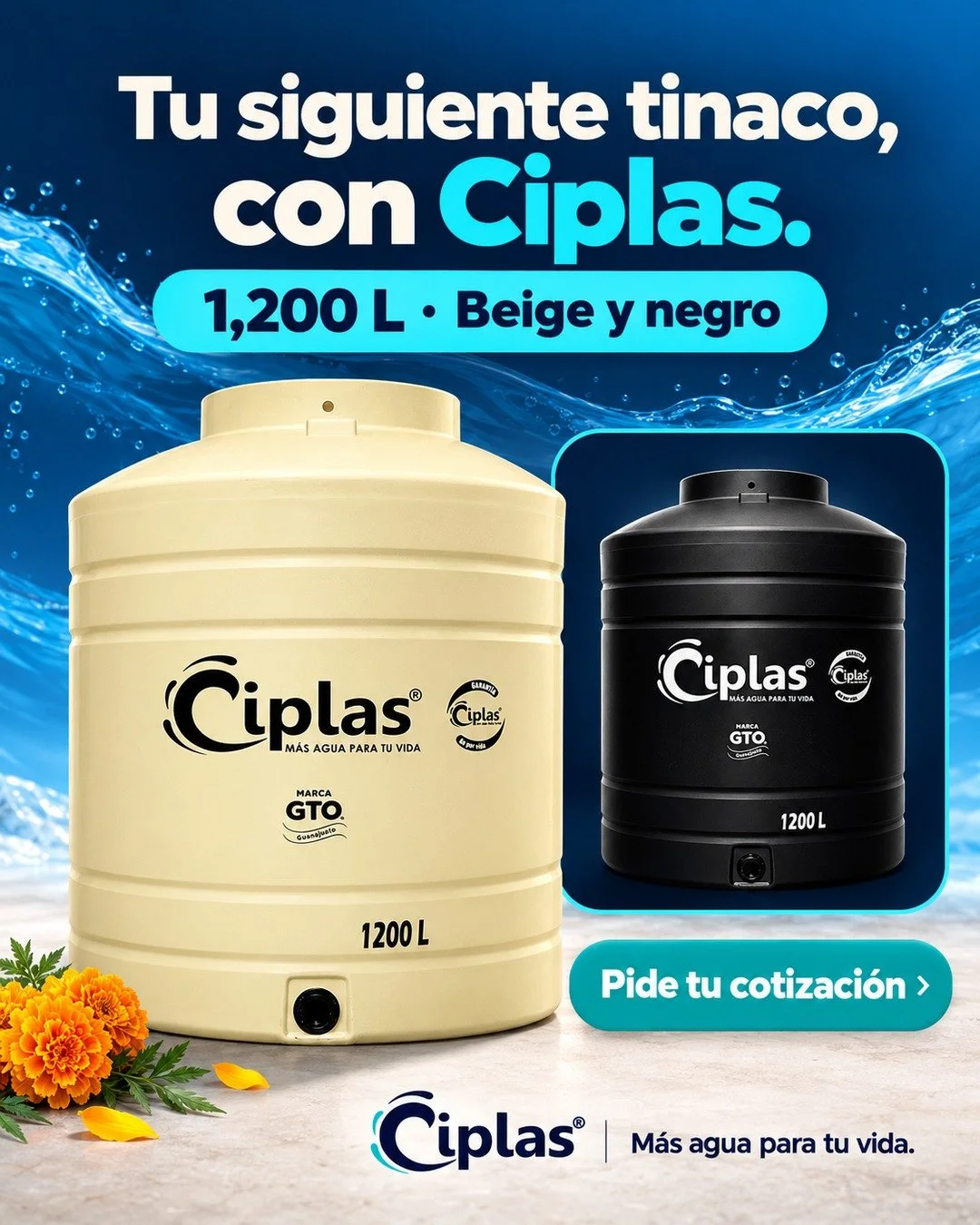 &iquest;Est&aacute;s buscando un tinaco de 1,200 L? Conoce las presentaciones beige y negra de Ciplas y consulta la disponibilidad del modelo que necesitas. 💧

Env&iacute;anos &laquo;TINACO 1200&raquo; y solicita tu cotizaci&oacute;n.