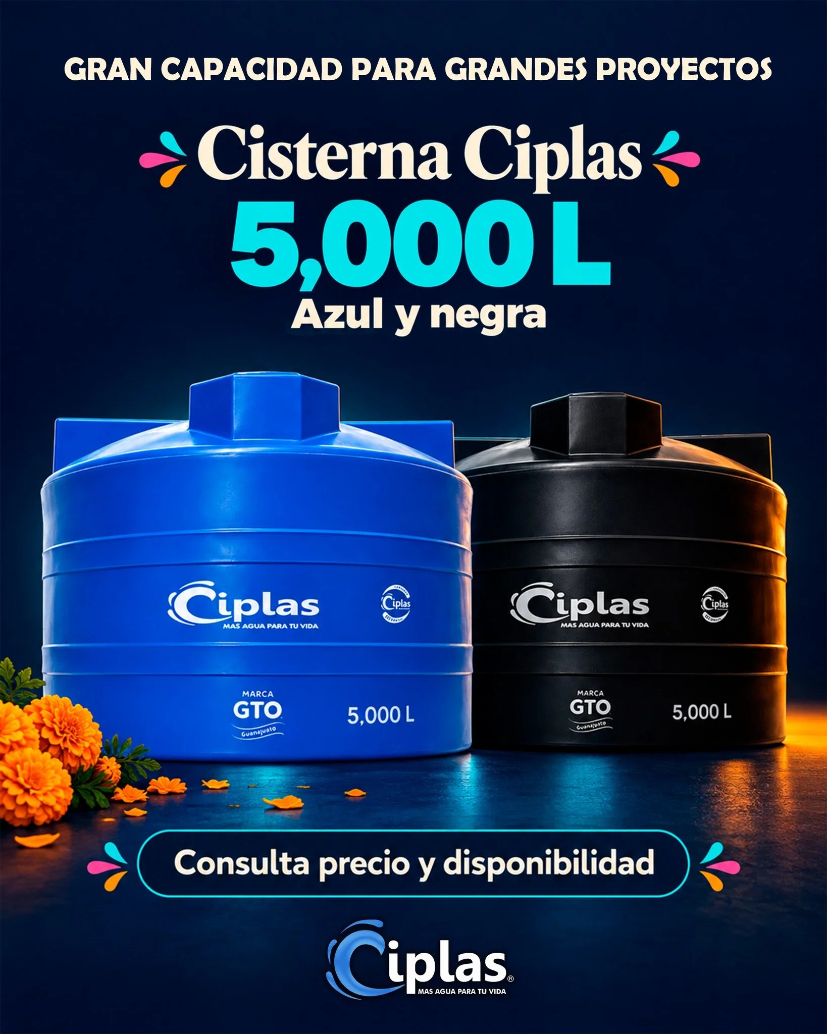 &iquest;Buscas una cisterna de 5,000 L? Conoce las presentaciones azul y negra de Ciplas y pregunta por su disponibilidad. 💧

Env&iacute;anos &laquo;CISTERNA 5000&raquo; para solicitar una cotizaci&oacute;n.