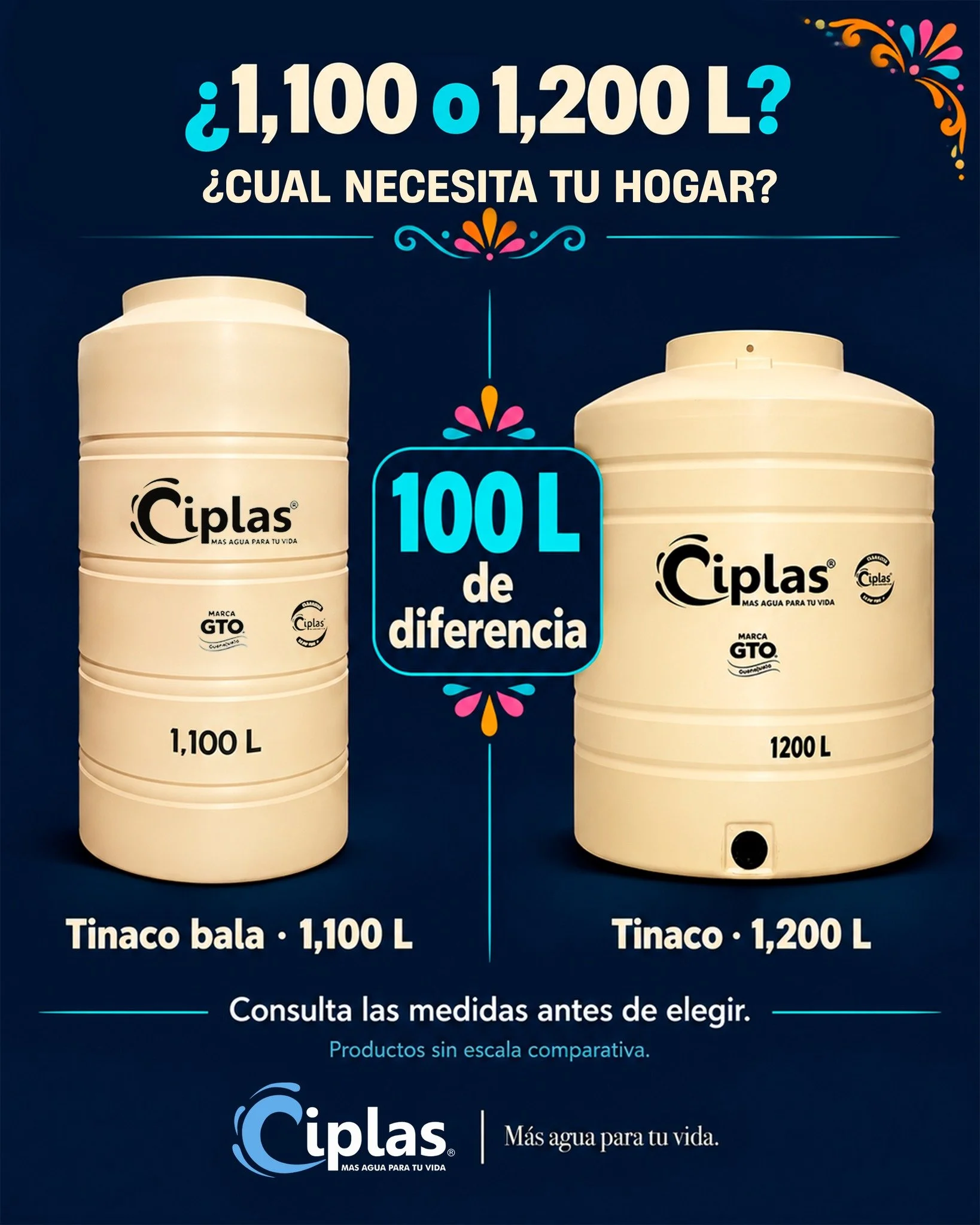 El tinaco bala tiene 1,100 L y el tinaco regular, 1,200 L: una diferencia de 100 L de capacidad indicada. Compara tambi&eacute;n sus medidas y el espacio disponible antes de elegir. 💧

Guarda esta comparaci&oacute;n y escr&iacute;benos para consulta