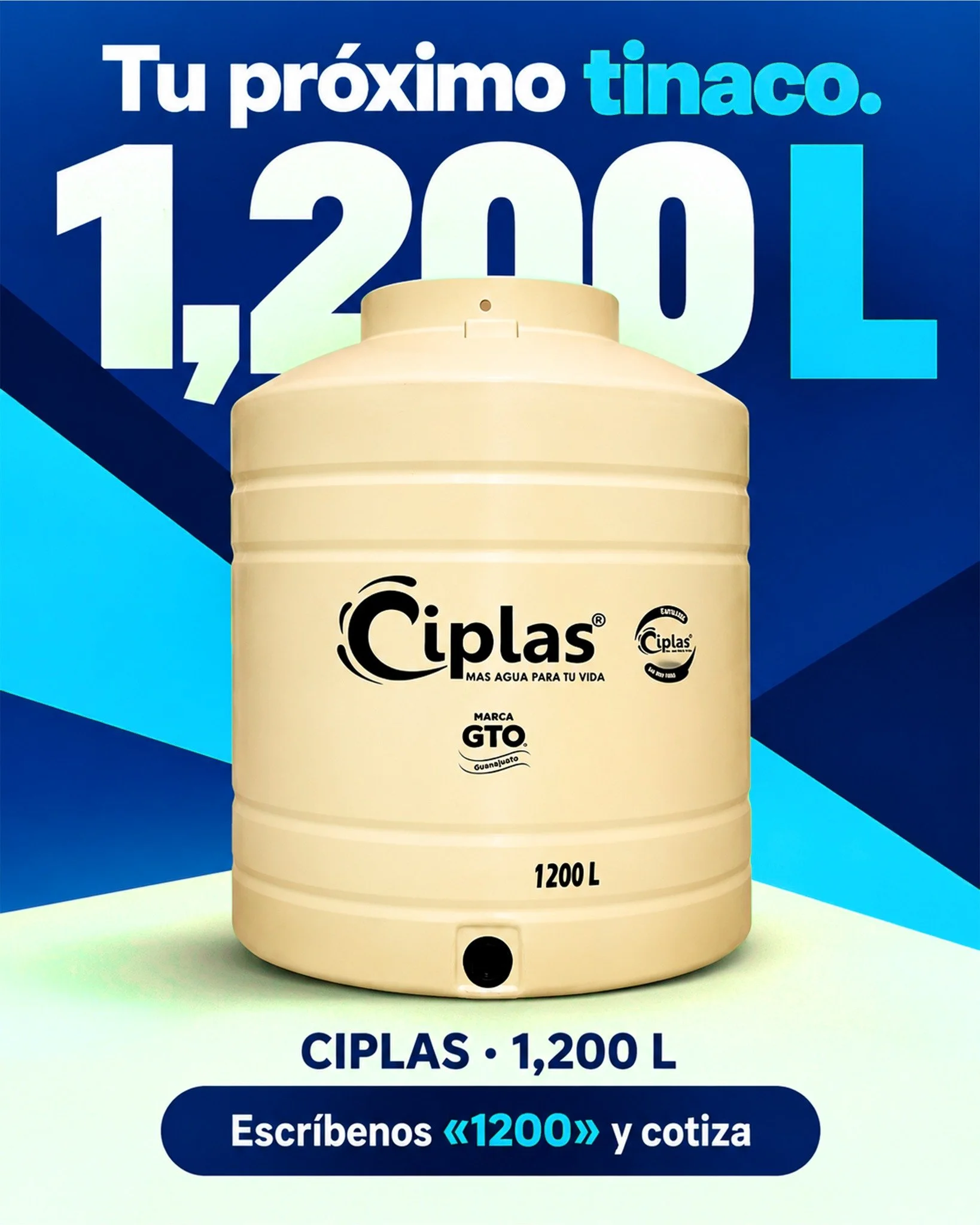 &iquest;Buscas un tinaco de 1,200 litros? Conoce este modelo CIPLAS. Env&iacute;anos &laquo;1200&raquo; por mensaje y comparte tu ubicaci&oacute;n para consultar precio, disponibilidad y opciones de entrega.

#CIPLAS #Tinaco1200 #Cotiza