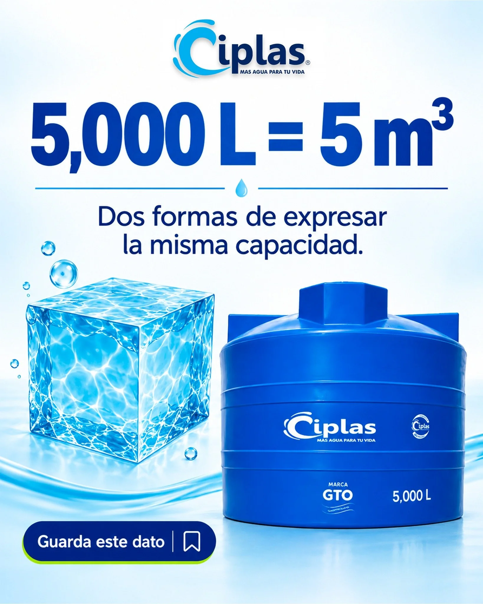 &iquest;Litros o metros c&uacute;bicos? Son dos formas de medir volumen: 1 m&sup3; equivale a 1,000 litros. Por eso, la capacidad de 5,000 L corresponde a 5 m&sup3;. Un dato &uacute;til para entender mejor tu pr&oacute;xima compra. Guarda esta public