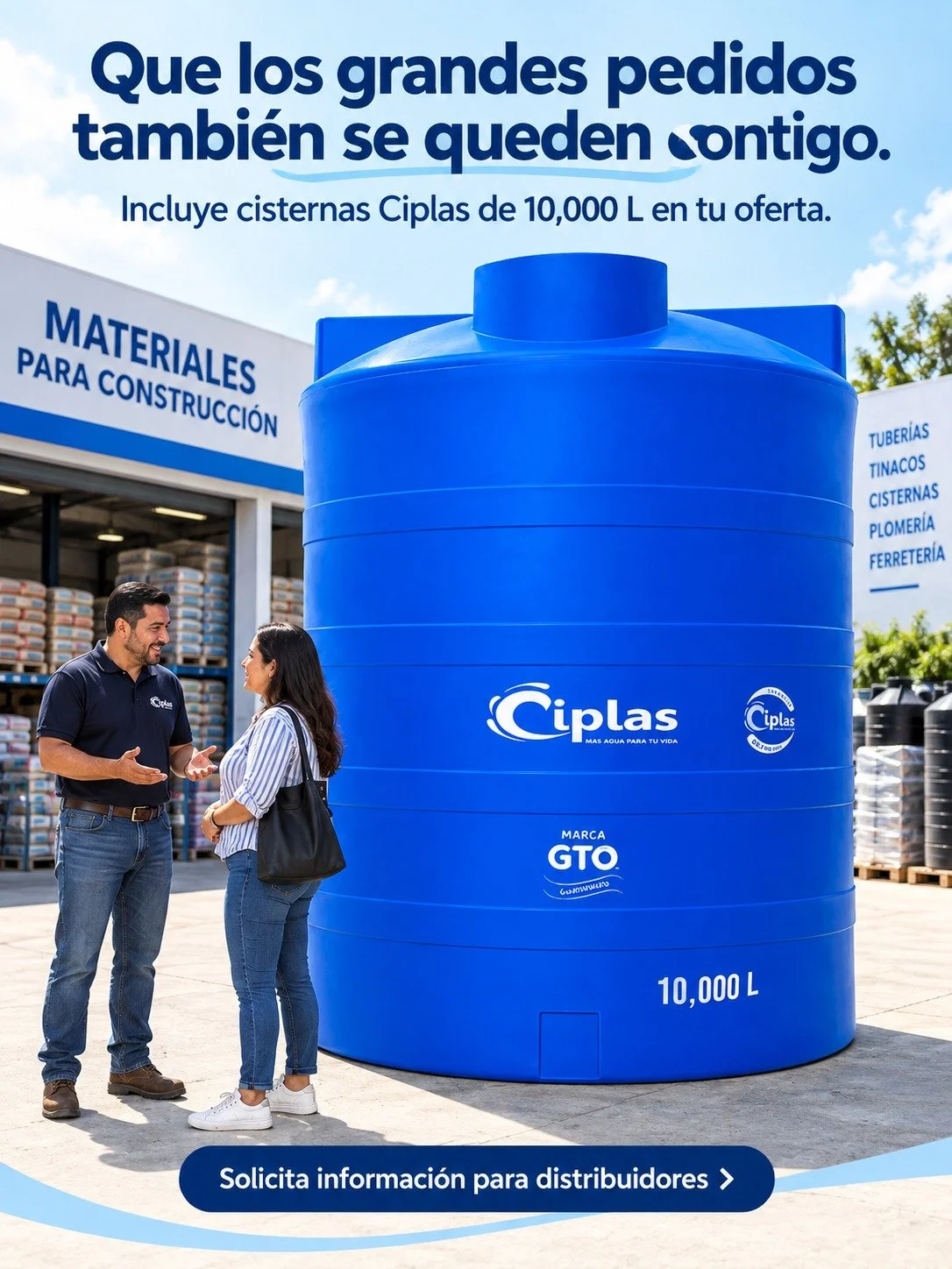 🏪 Que los grandes pedidos tambi&eacute;n se queden en tu negocio.

Si tienes una ferreter&iacute;a, plomer&iacute;a o tienda de materiales, ampl&iacute;a tu oferta con cisternas Ciplas de 10,000 litros y atiende a los clientes que buscan mayor capac