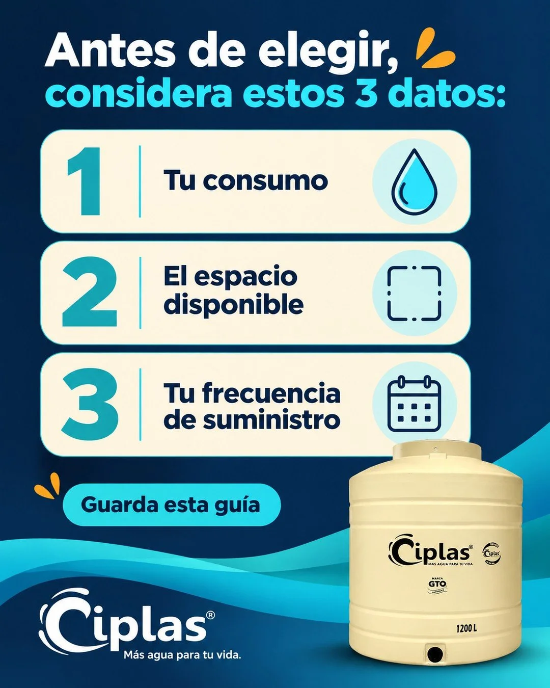 Texto listo para publicar
La capacidad es parte de la decisi&oacute;n. Antes de elegir, considera tu consumo, el espacio disponible y cada cu&aacute;nto recibes agua. As&iacute; podr&aacute;s hacer una consulta m&aacute;s precisa. 💧

Guarda esta gu&