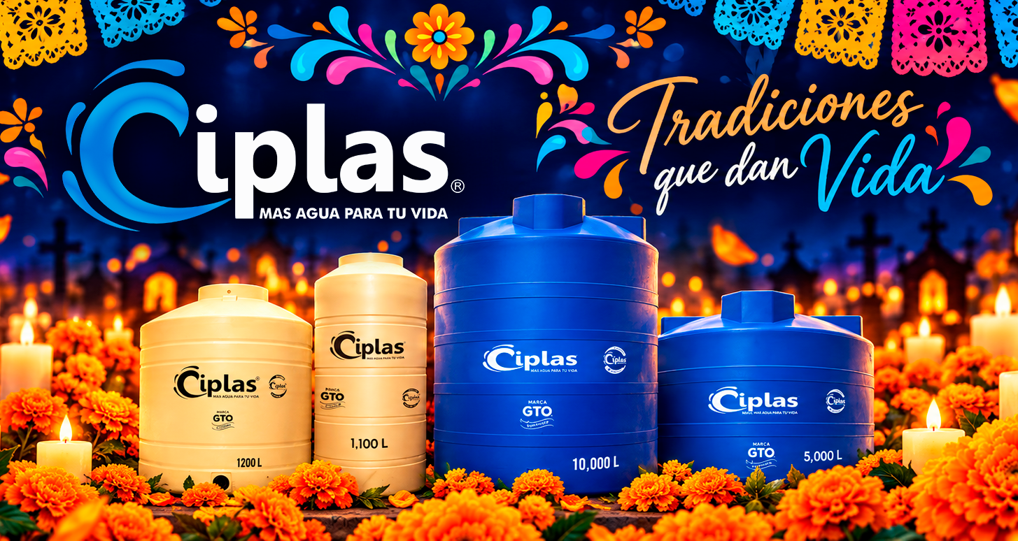 Cuatro tanques de agua de diferentes tamaños con el logo de Ciplas, rodeados de flores de cempasúchil y velas, con fondo oscuro y decoraciones coloridas, en celebración del Día de Muertos.