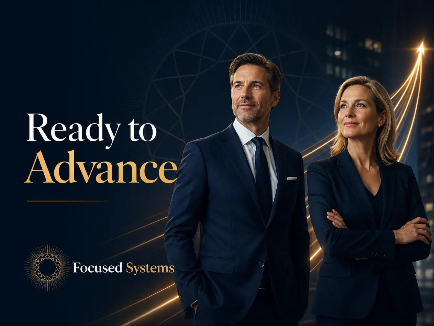 A professional man and woman in business attire, representing Focused Systems' coaching and advisory services