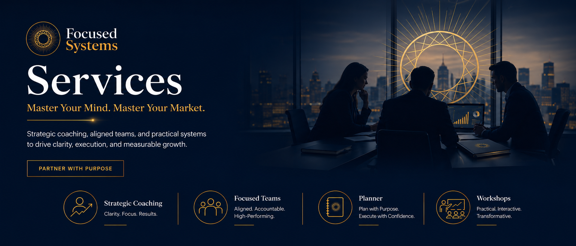 A promotional webpage for Focused Systems Services showing a dark city skyline through windows, with three business people in suits in a conference room. The webpage has a dark blue background with gold accents, including a geometric logo at the top left and a large circular design at the center of the window behind the people. Text highlights include words "Master Your Mind. Master Your Market" and features such as strategic coaching, focused teams, planning, and workshops, with icons representing each service.