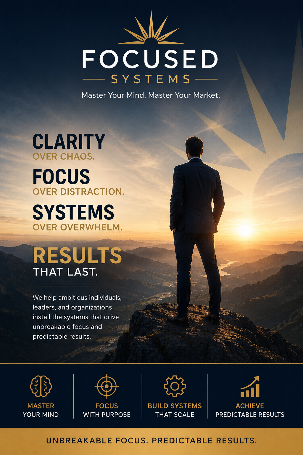 Focused Systems performance coaching graphic featuring a business professional on a mountain peak, representing clarity, focus, scalable systems, and predictable results.