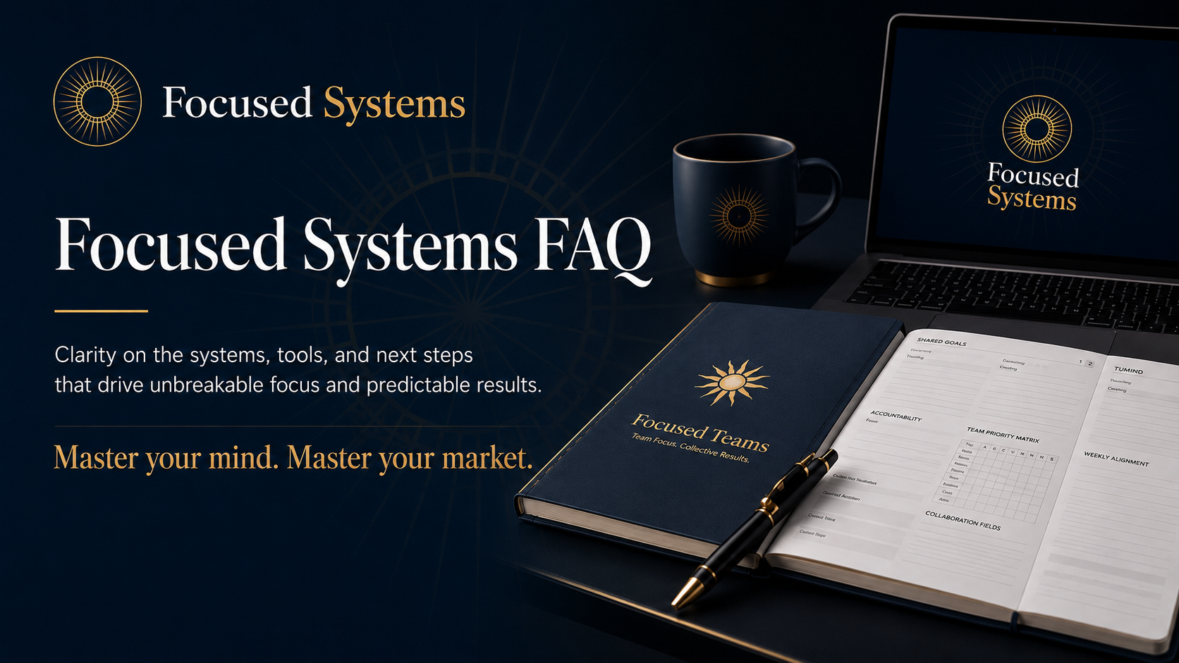 Image of a dark-themed workspace with a Focused Systems FAQ booklet, a notebook titled 'Focused Teams,' a black coffee mug with the Focused Systems logo, a pen, and an open planner with various sections and a laptop showing the Focused Systems logo on the screen.