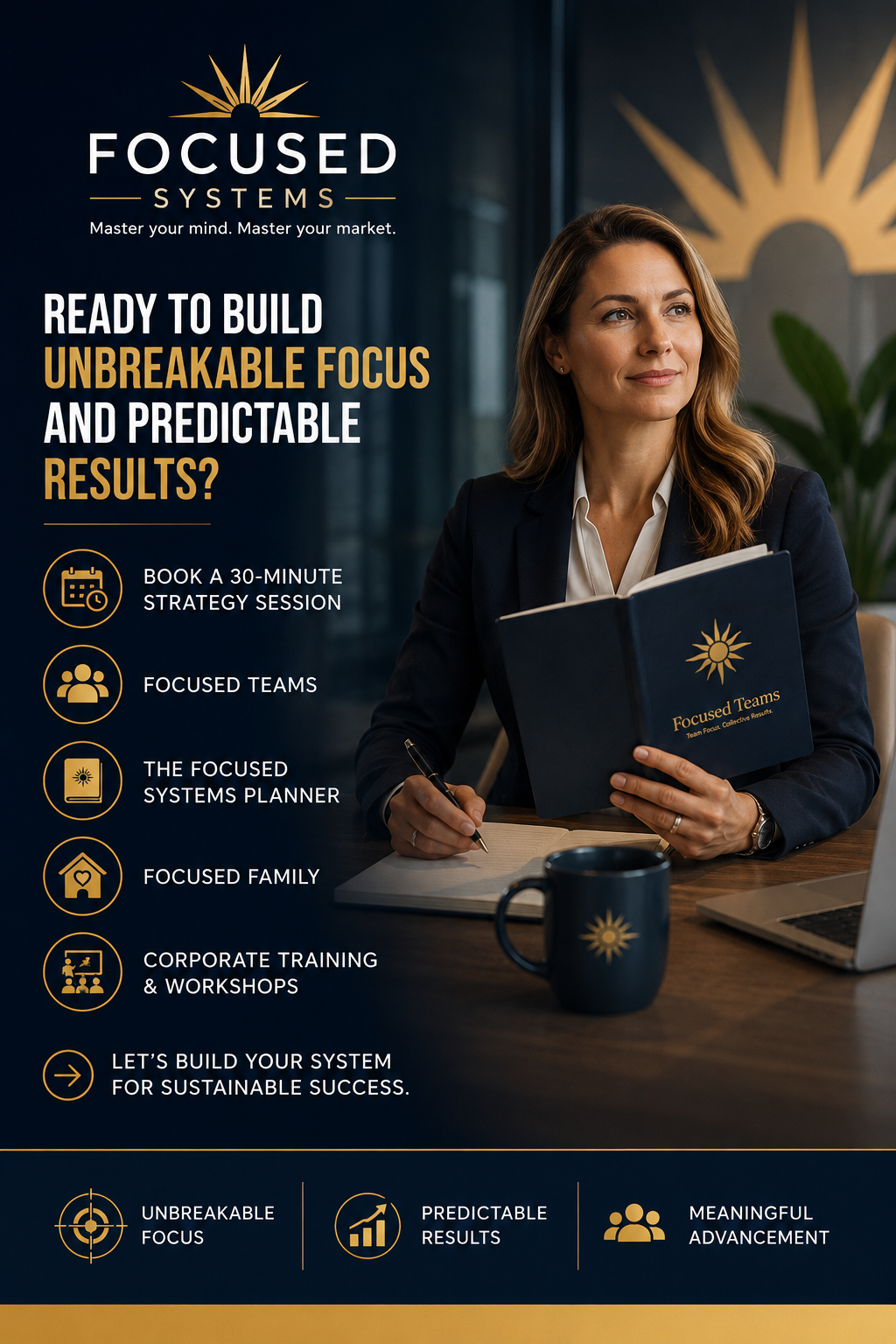 An advertisement for Focused Systems featuring a woman in a business suit holding a folder with the company's logo. The ad promotes booking a strategy session and highlights benefits like building unbreakable focus and predictable results, with icons representing each feature and a call to action for sustainable success.