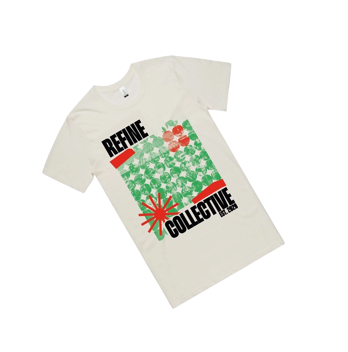 White T-shirt with a graphic design featuring red, green, and black printing that says 'REFINE COLLECTIVE EST. 2020' and depicts a stylized sample container with green and red weight representations.