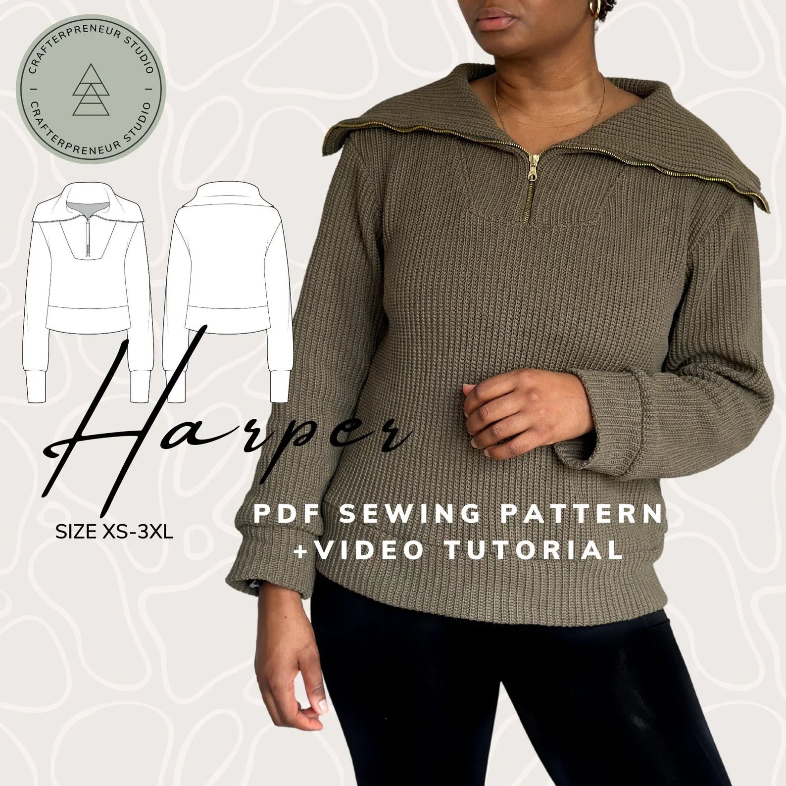 Harper Pullover Sewing Pattern: Relaxed Half-Zip, XS-3XL (PDF Pattern)
