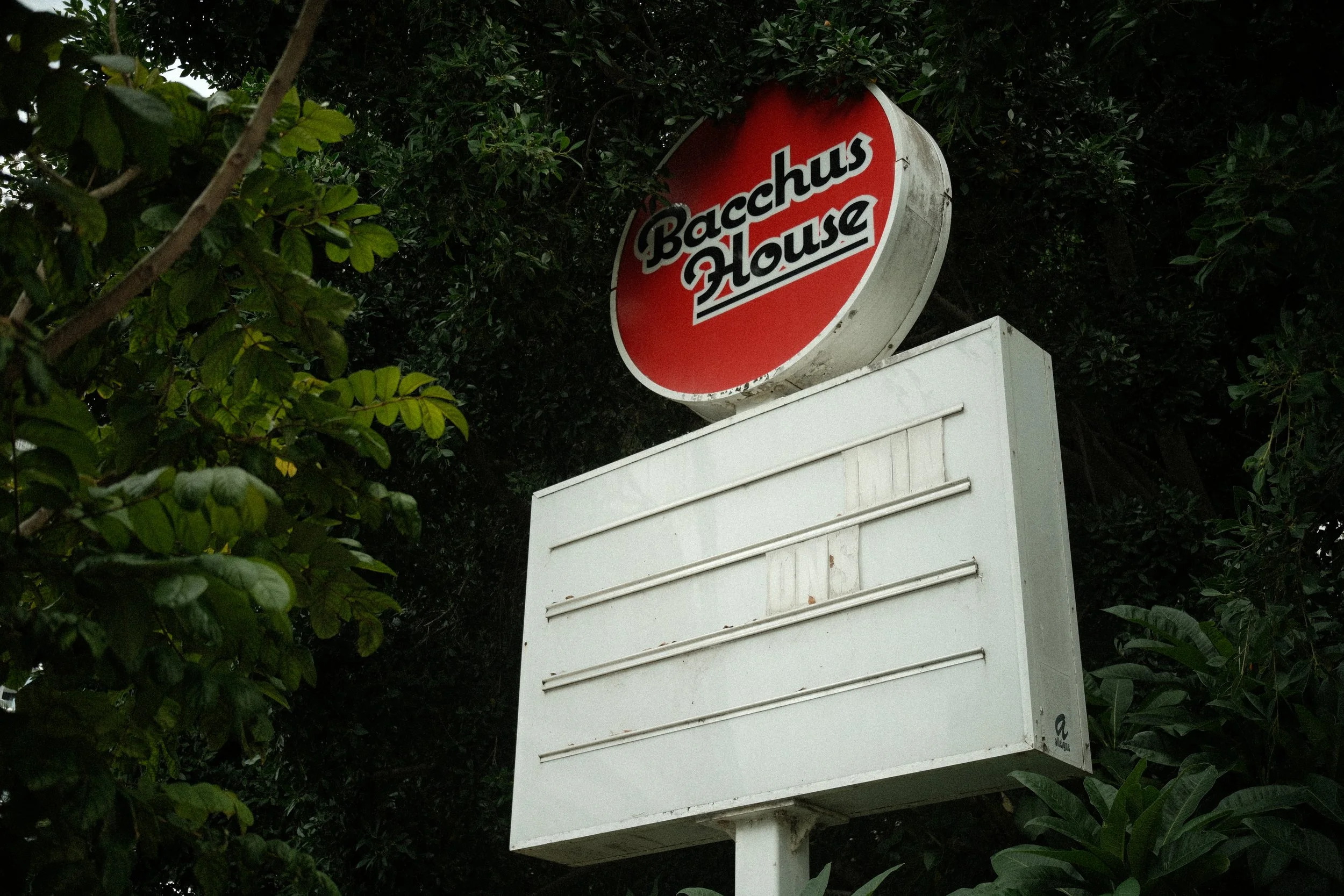 A circular red sign with black and white text that reads 'Bacchus House' is attached to a pole and surrounded by green leafy trees.