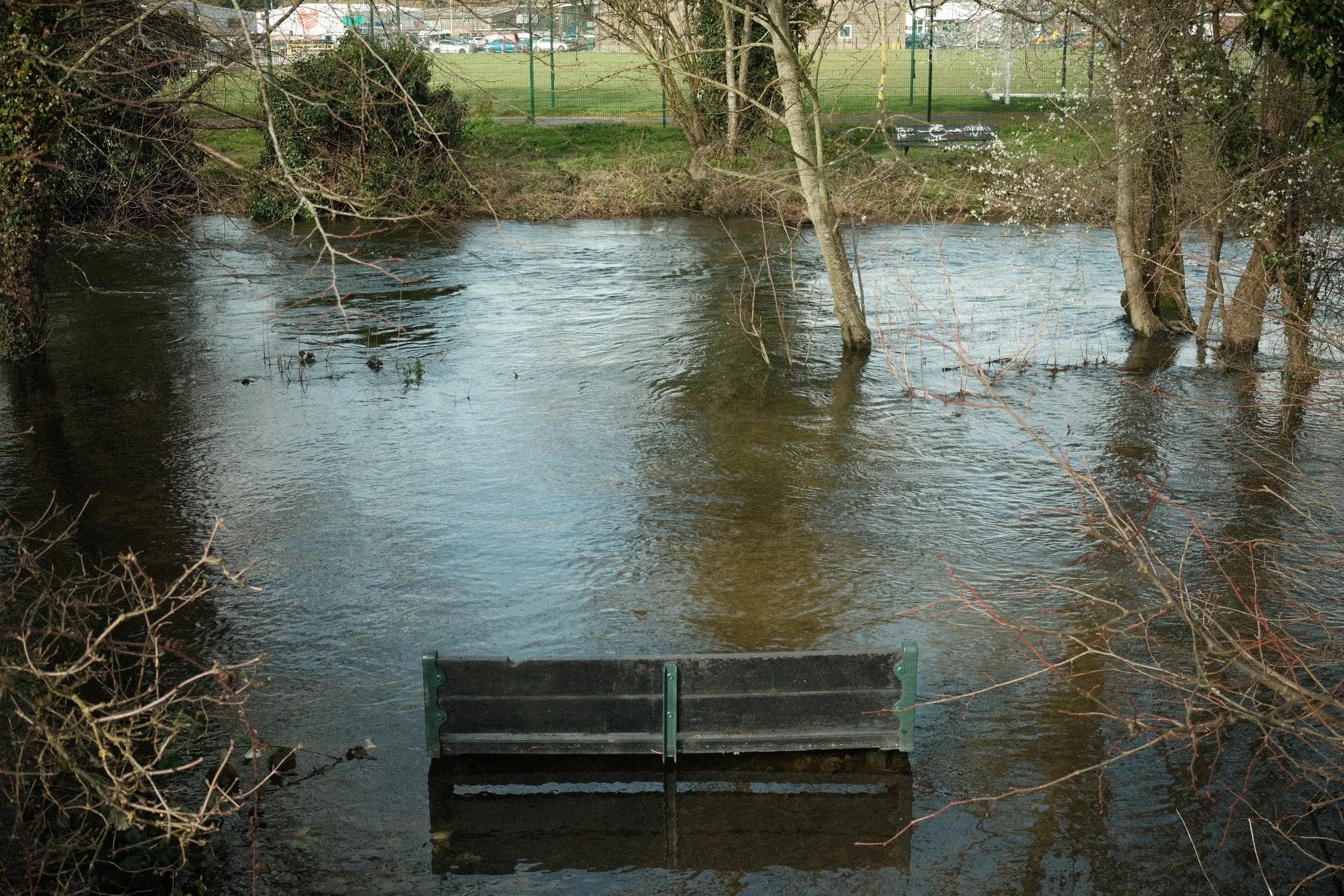 Flooded park with a bench submerged in water, leafless trees with some blooming, and a sports field with a fence in the background.