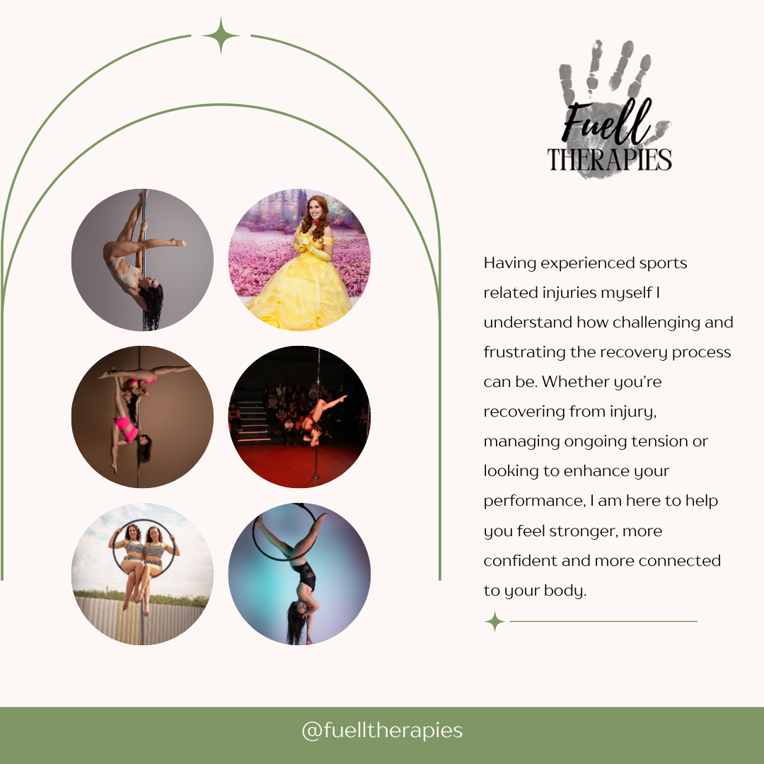 Promotional flyer for Fuel Therapies featuring six images of women performing various aerial and pole dance routines, and a paragraph of text about recovery from sports injuries, with the company logo and social media handle.