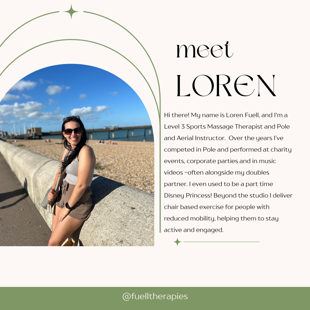 Photograph of Loren Fuell smiling on a beach with a pier, wearing sunglasses and casual clothing.